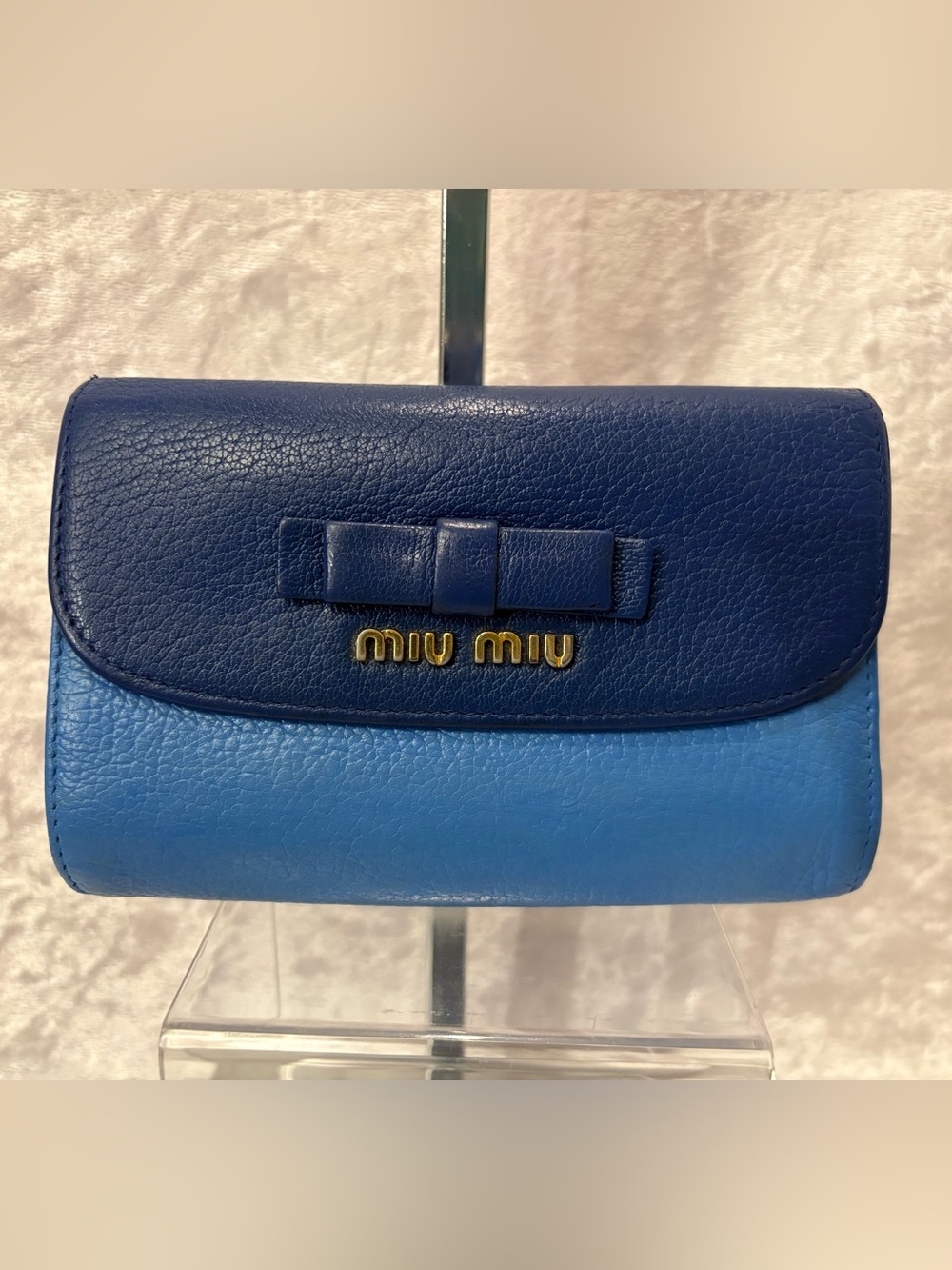 Miu Miu Two-tone Madras Leather Bow Flap Wallet Blue Authentic